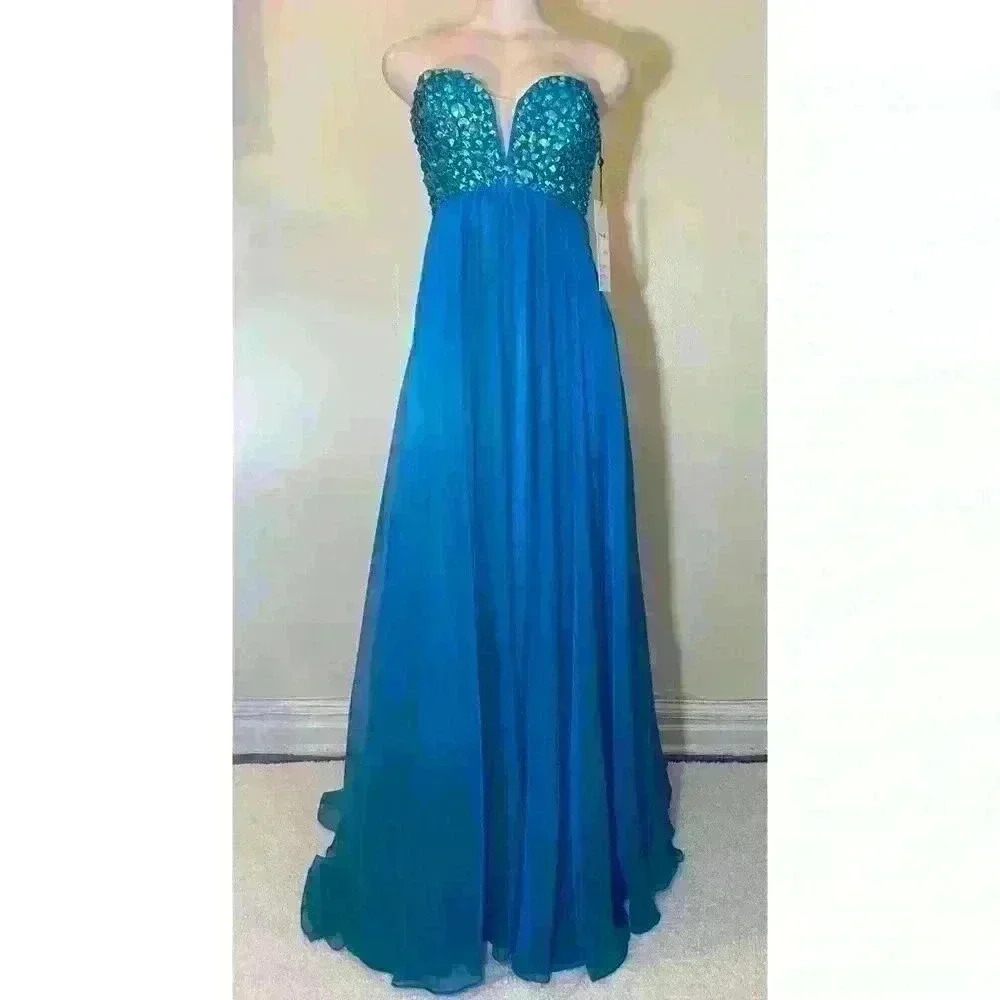 Alyce Paris Strapless Teal Beaded Bodice Evening Gown Size 0